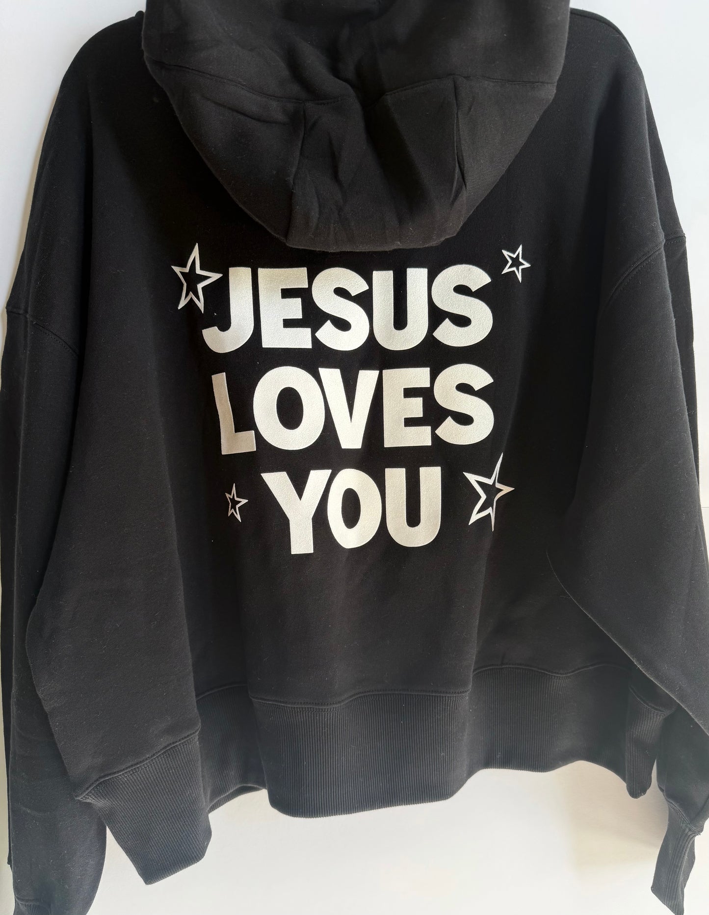 Woman's Black Oversized Jesus Loves You Pocket Hoodie