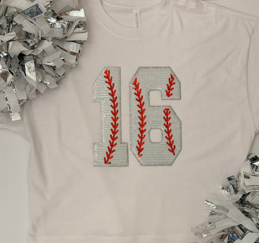 Woman's Short Sleeve Oversized Crop Tee w/ 2 Baseball Numbers