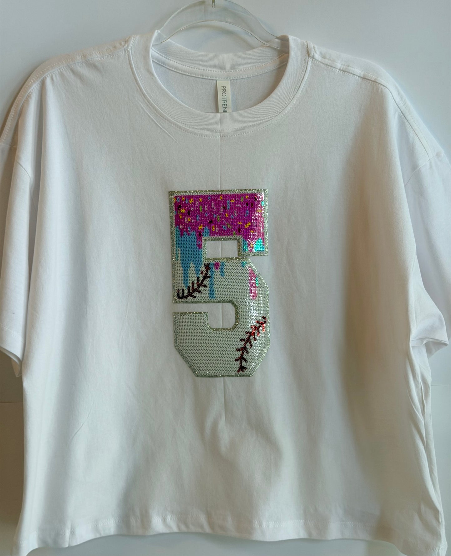 Woman's Short Sleeve Oversized Crop Tee w/ 1 Drip Baseball Number