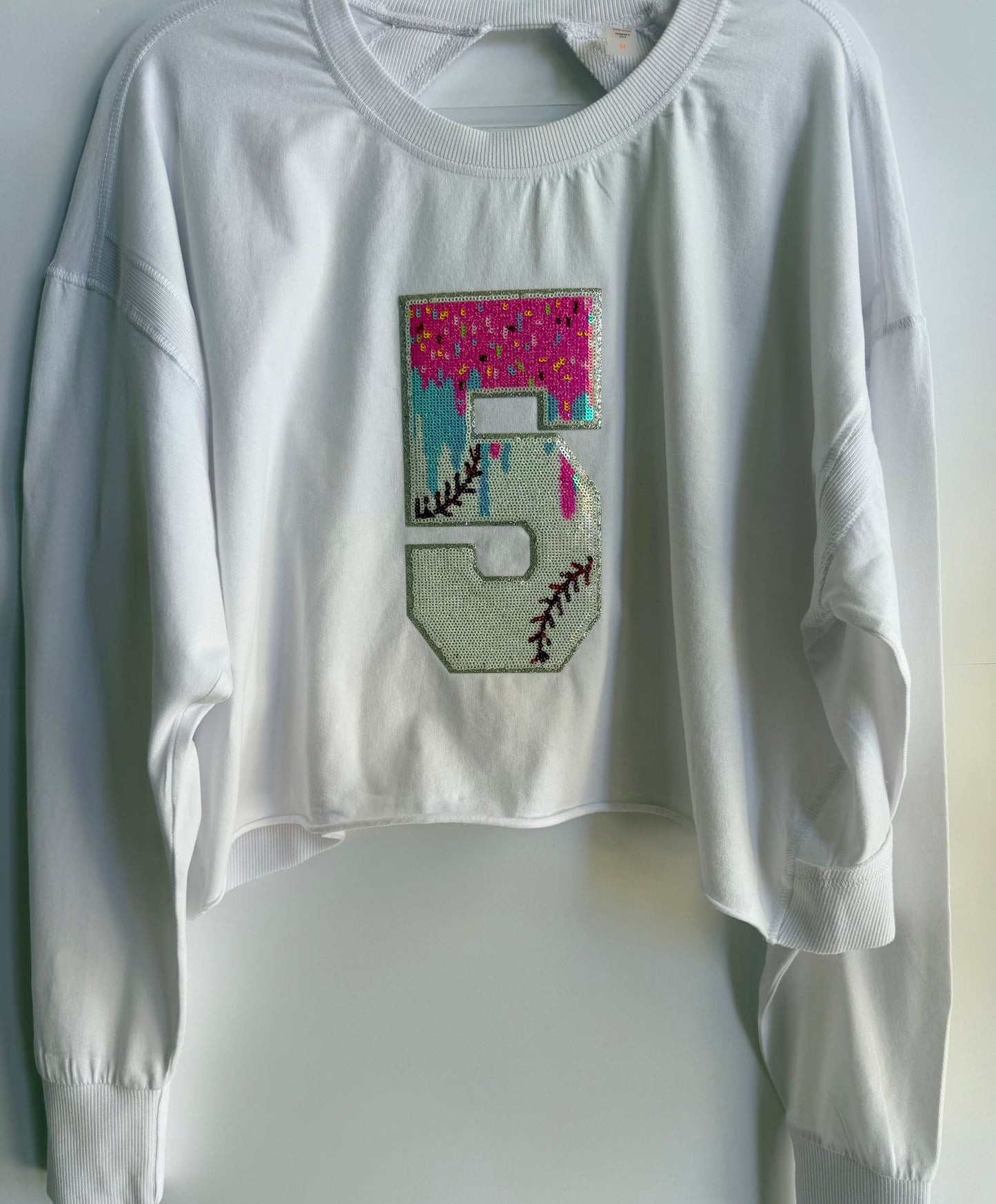 Woman's Open Back Tee w/ 1 Drip Sequin Baseball Number