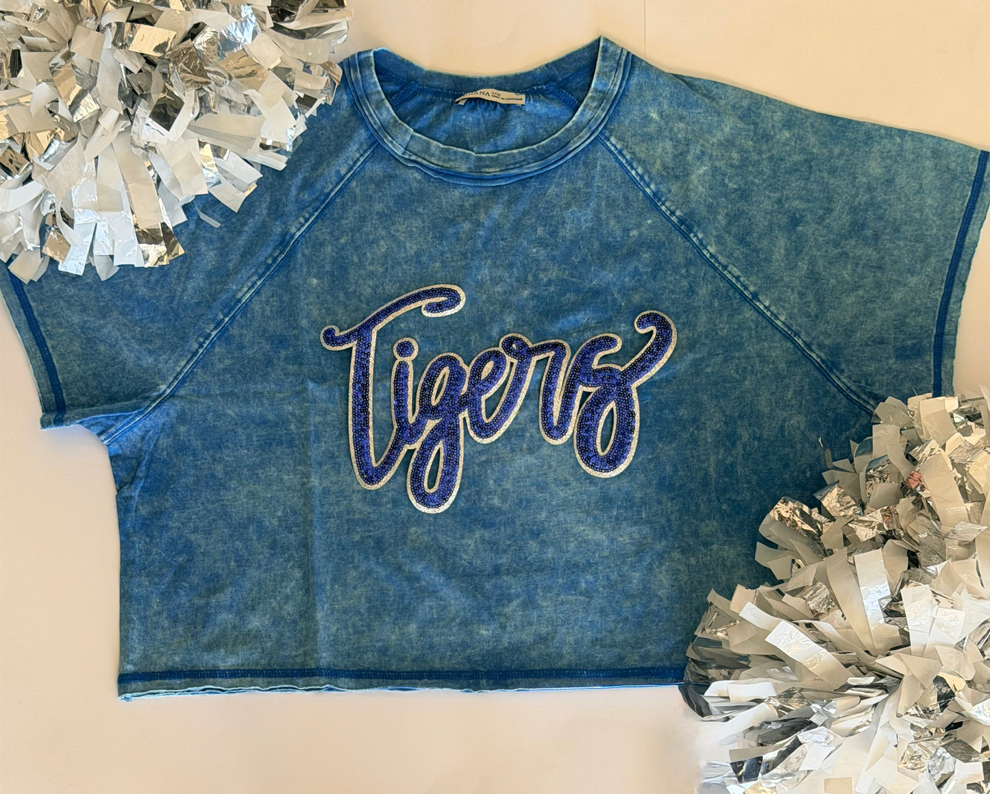 Woman's Blue Crop Tee w/ Large Sequin Patch