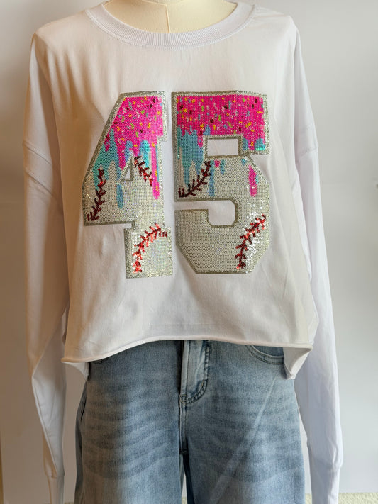 Woman's Open Back Tee w/ 2 Drip Sequin Baseball Numbers