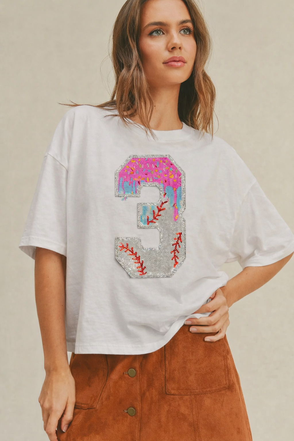 Woman's Short Sleeve Oversized Crop Tee w/ 1 Drip Baseball Number