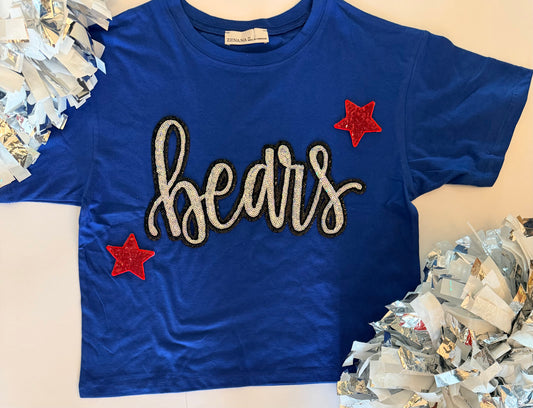 Woman's Blue Short Sleeve Crop Tee w/ Large Sequin Patch+2 Stars