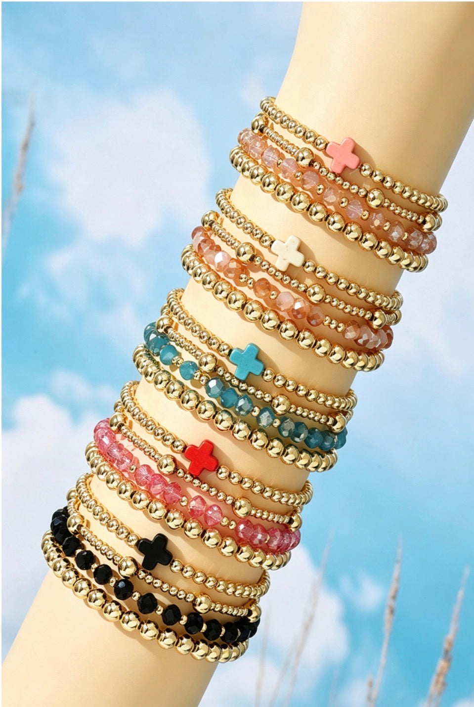 Gold Cross Beaded Stretch Bracelets-Pack of 4