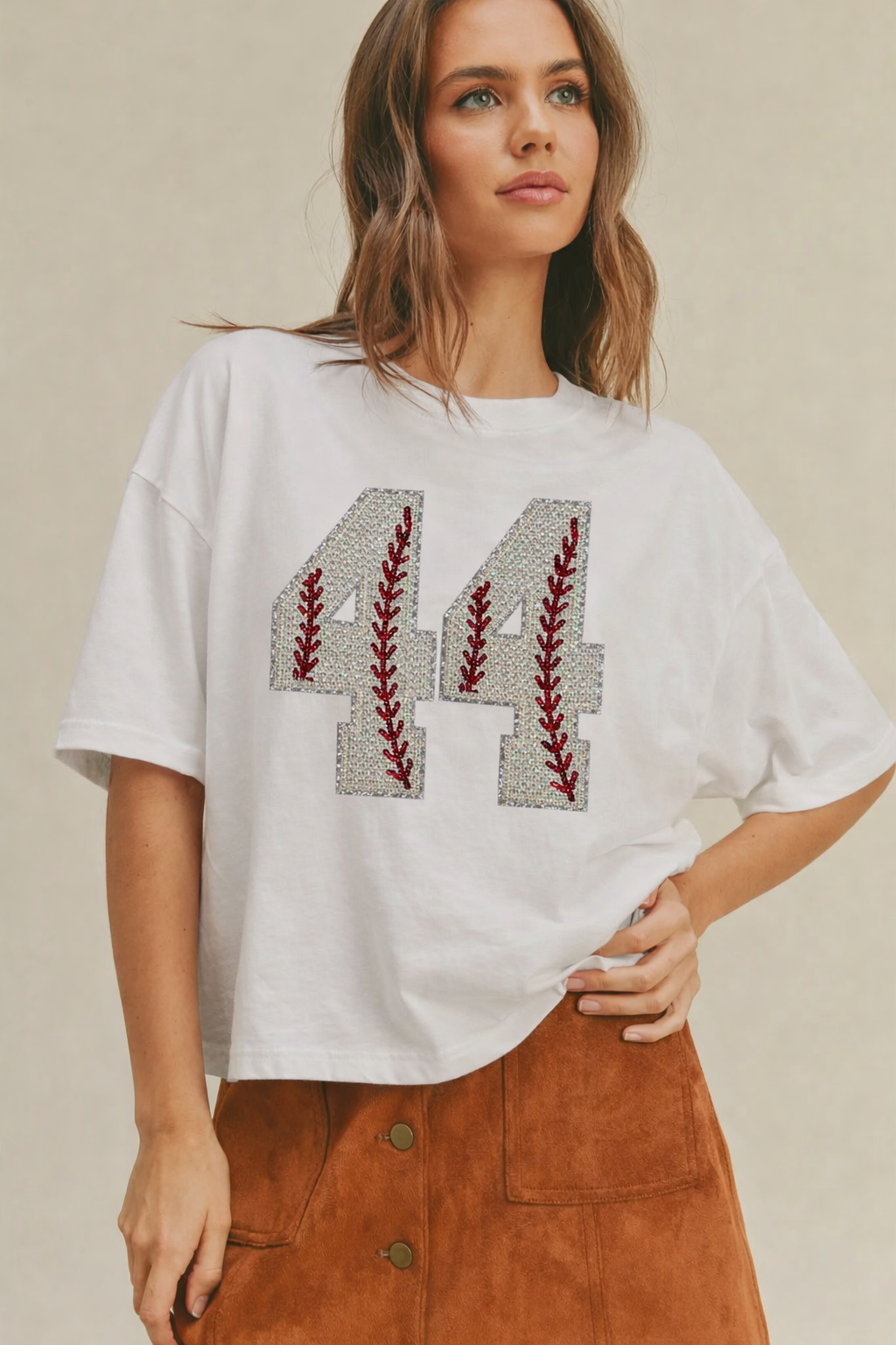 Woman's Short Sleeve Oversized Crop Tee w/ 2 Baseball Numbers