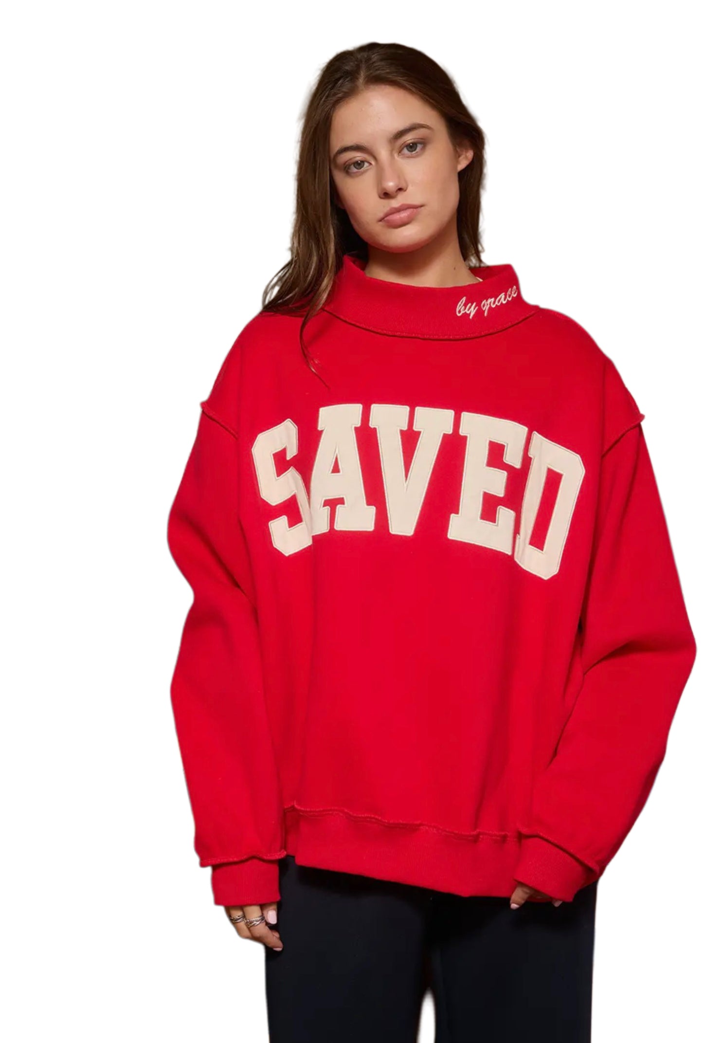 Woman's Mock Neck Sweatshirt-Red Saved