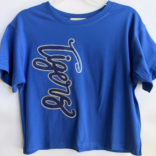 Woman's Blue Short Sleeve Crop Tee w/ Large Sequin Patch