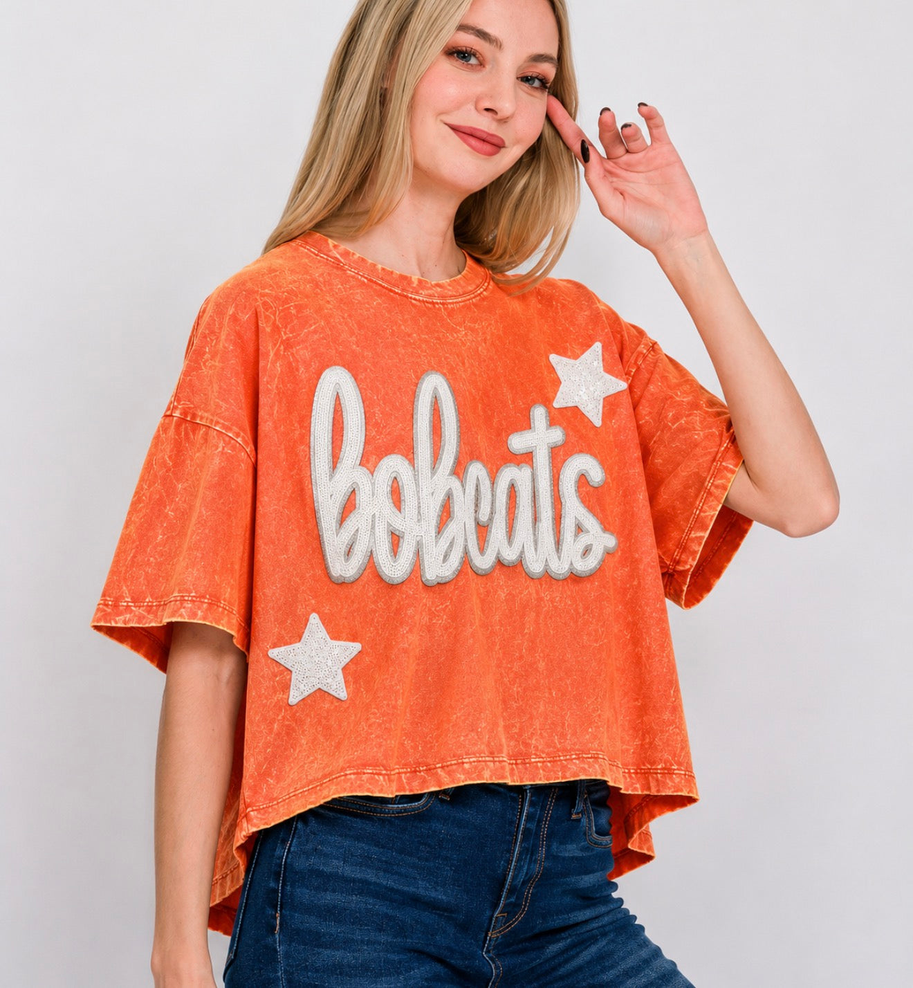 Woman's Short Sleeve Top w/ Large Sequin Patch+2 Stars