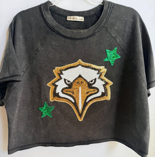 Woman's Washed Black/Grey Crop Tee w/ Large Sequin Patch+2 Small Stars