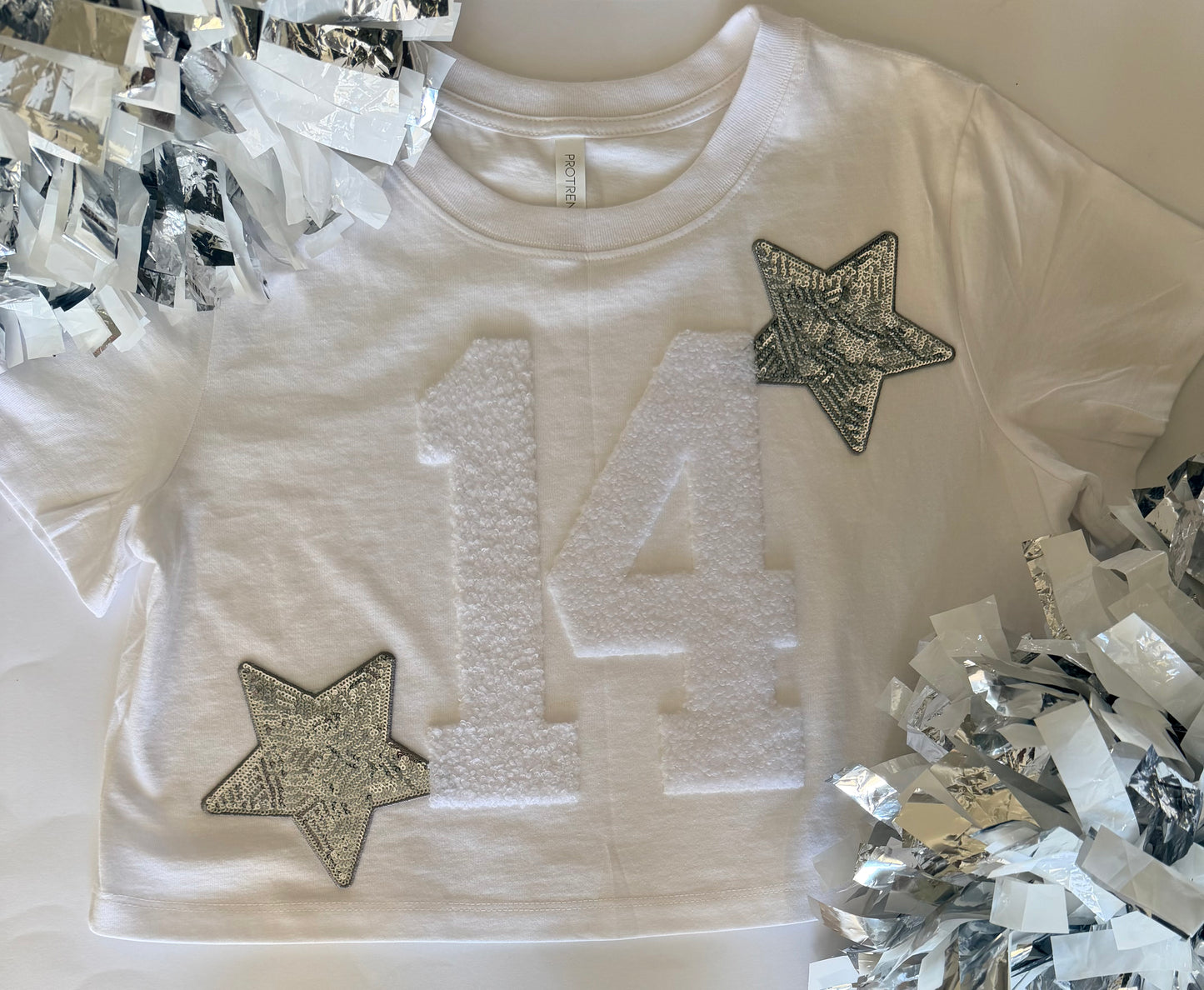 Crop Tee w/ 2 Fuzzy Numbers+2 Stars