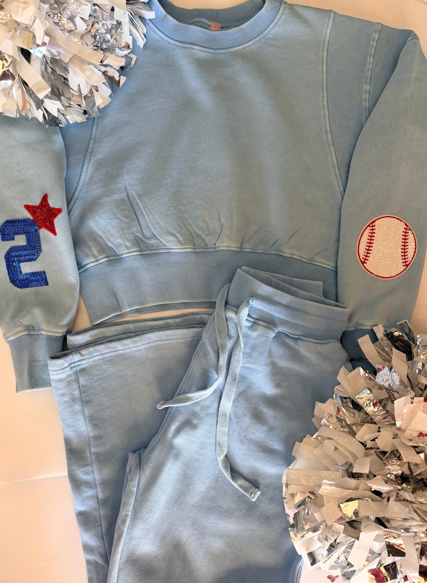 Cropped Sweatshirt and Wide Leg Sweatpant Set w/ Sequin Patches