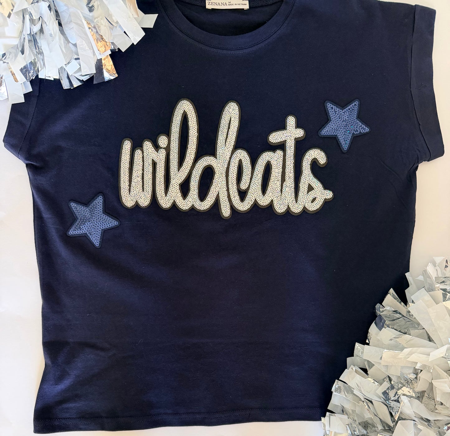 Woman's Full Length Navy Cuffed Short Sleeve w/Large Sequin Patch+2 Stars