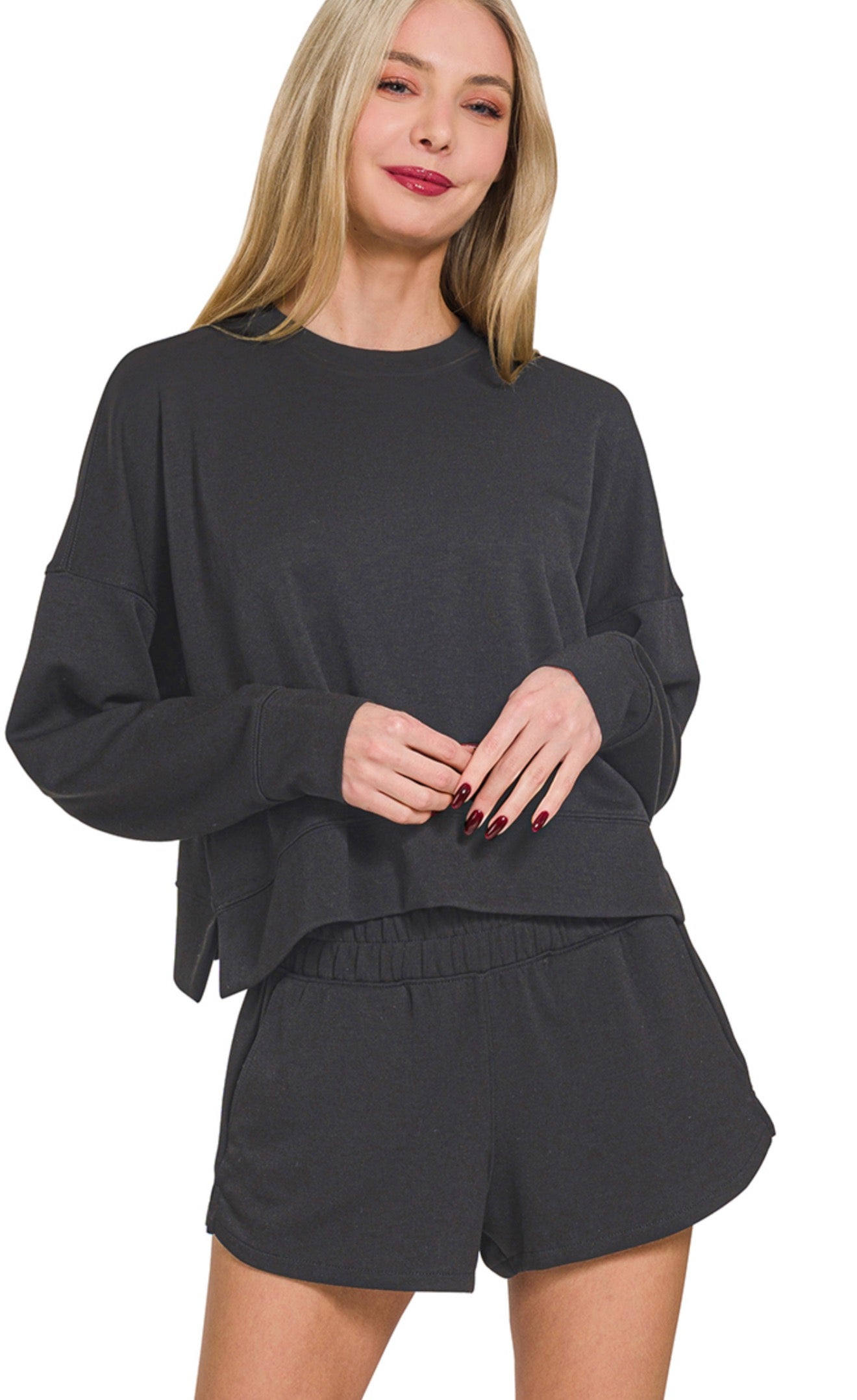 Woman's Black Scuba Pullover and Shorts Set