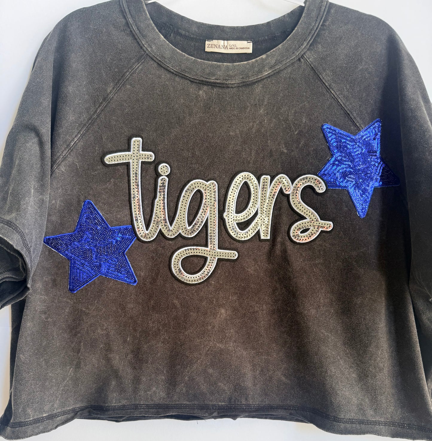 Washed Black/Grey Crop Tee w/ Large Sequin Patch+2 Stars+9Letters (Back)