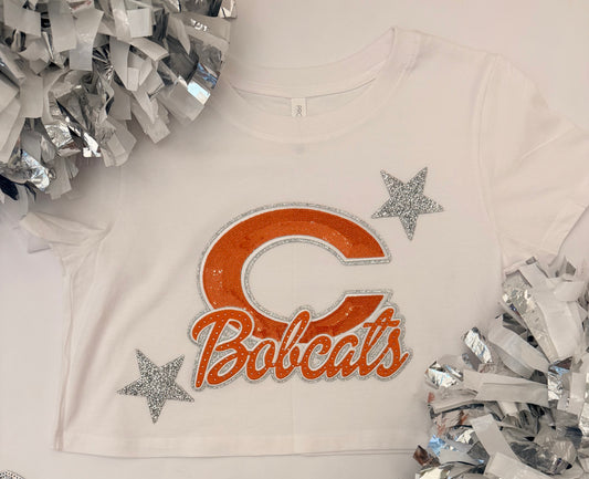 Crop Tee w/ C Bobcats w/ Rhinestone Patch+2 Stars
