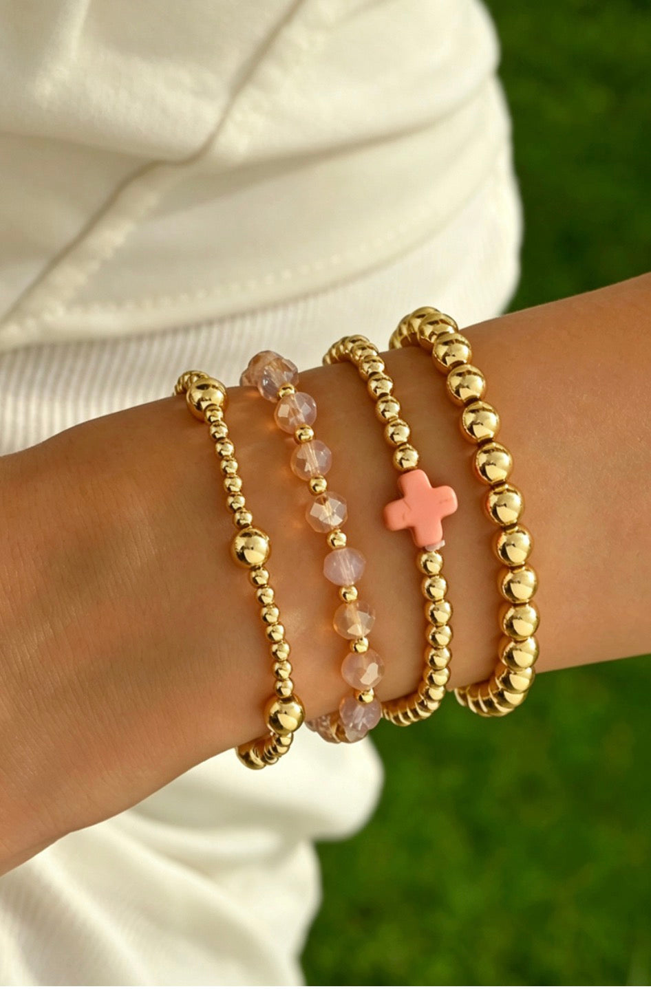 Gold Cross Beaded Stretch Bracelets-Pack of 4
