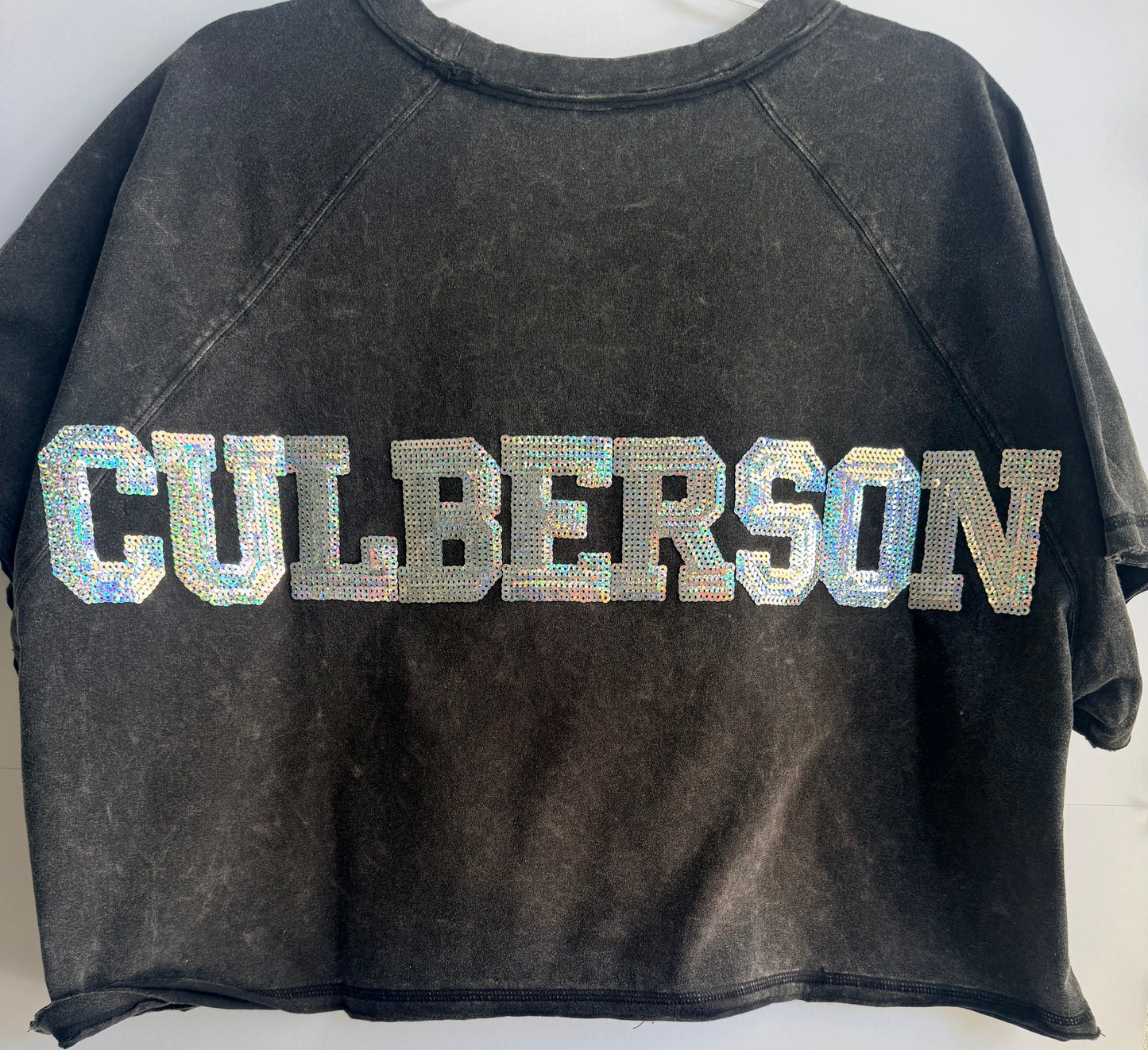 Washed Black/Grey Crop Tee w/ Large Sequin Patch+2 Stars+9Letters (Back)