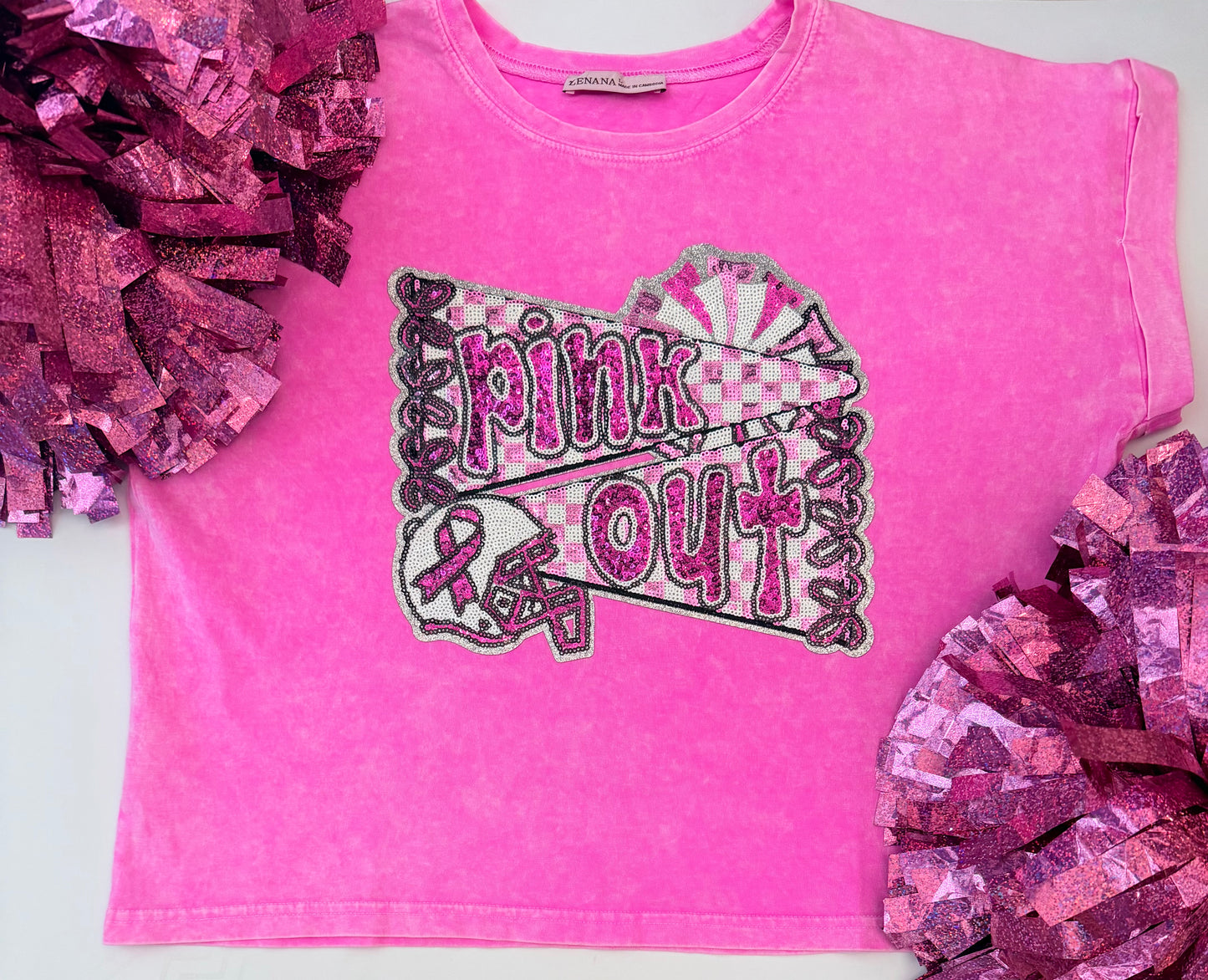 Woman's Pink Cuffed Short Sleeve Top w/ Sequin Patch
