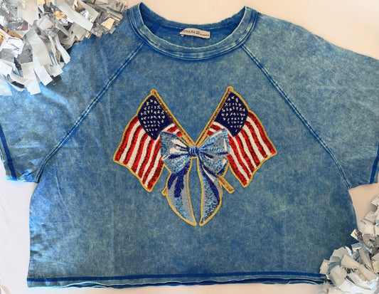 Woman's Blue Crop Tee w/ Large Sequin Patch