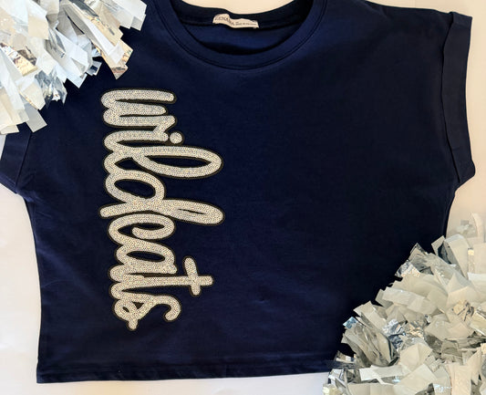 Woman's Navy Cuffed Crop Short Sleeve Top w/ Sequin Patch