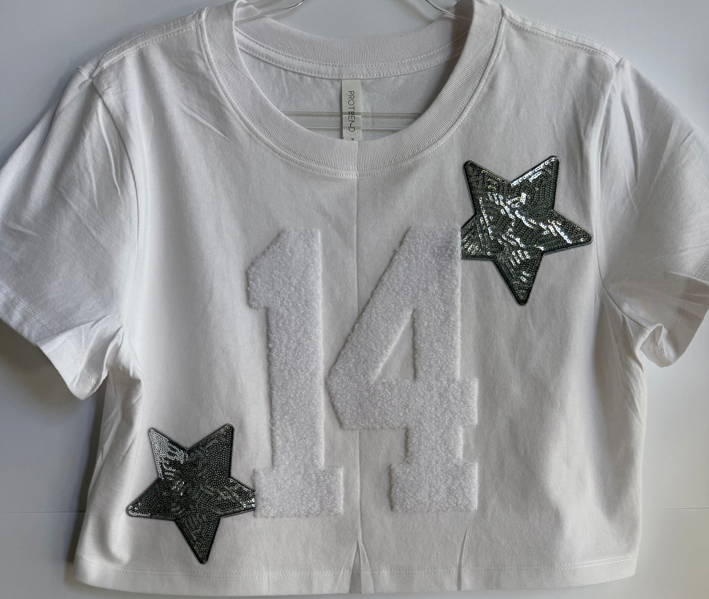 Crop Tee w/ 2 Fuzzy Numbers+2 Stars