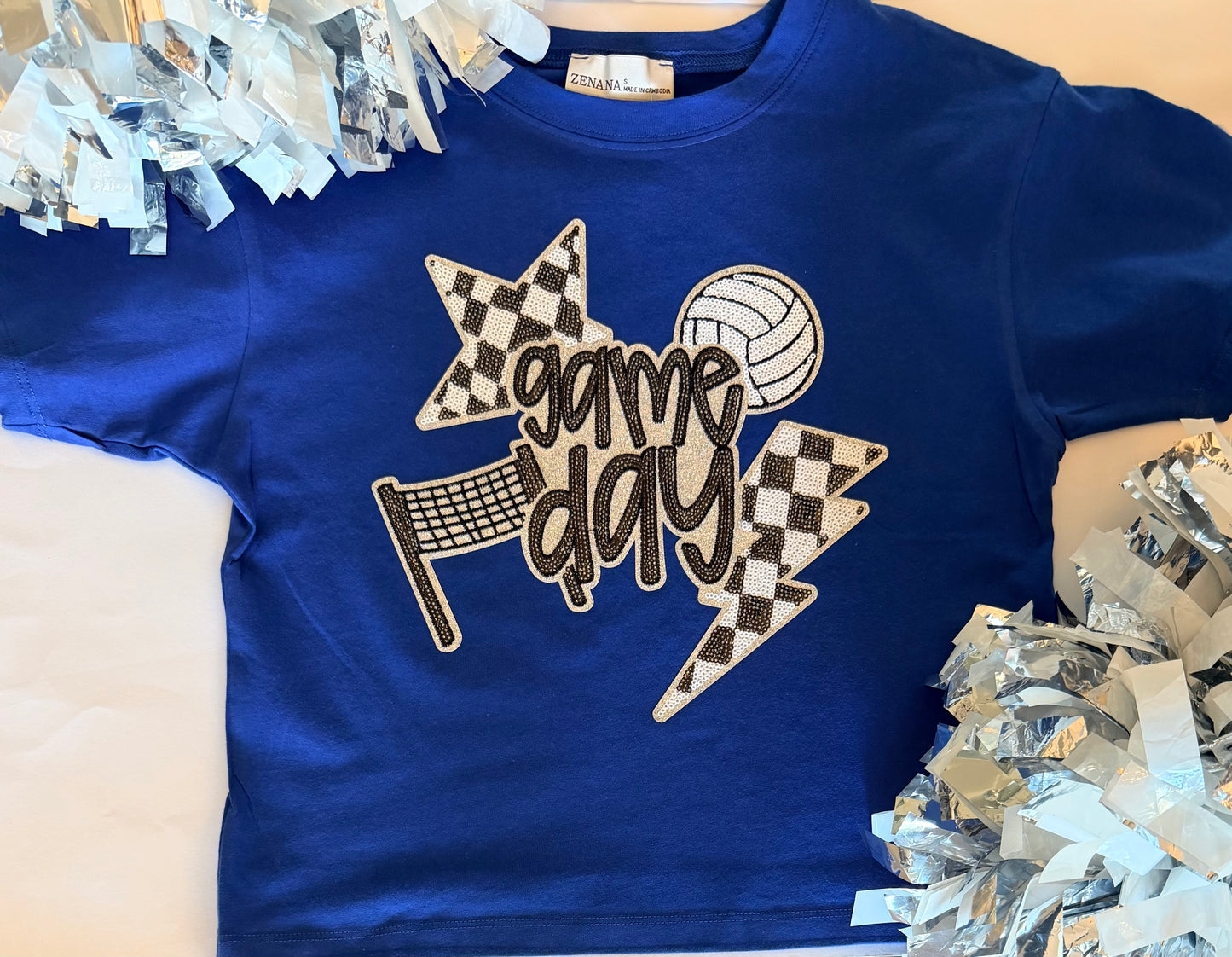 Woman's Blue Short Sleeve Crop Tee w/ Large Sequin Patch
