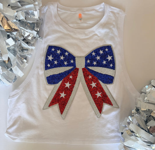 Woman's White Side Knot Tank w/ Large Sequin Patch