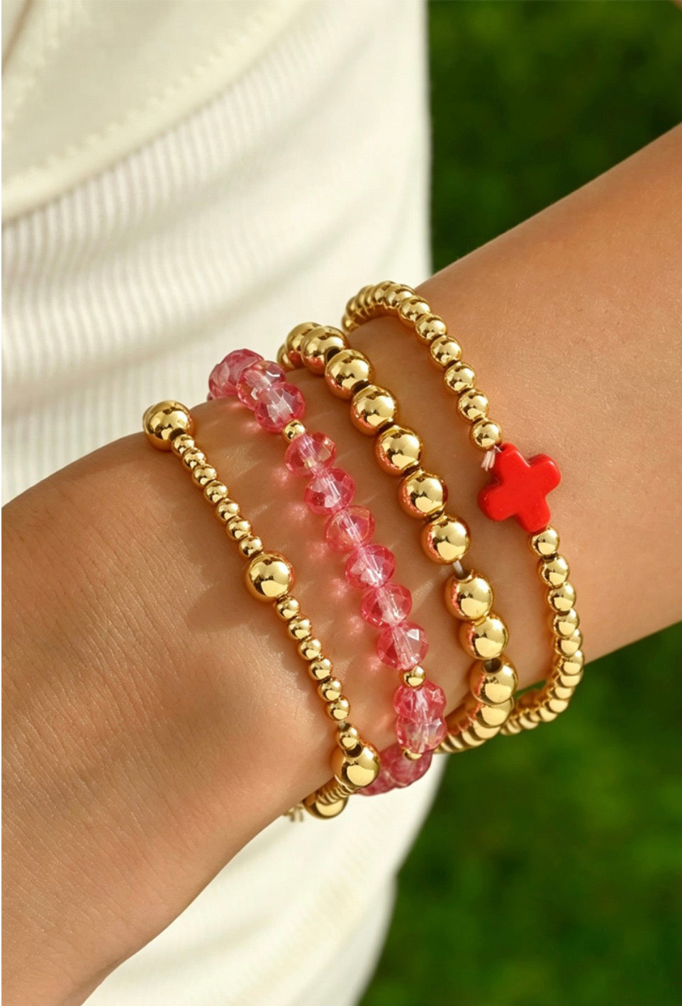 Gold Cross Beaded Stretch Bracelets-Pack of 4