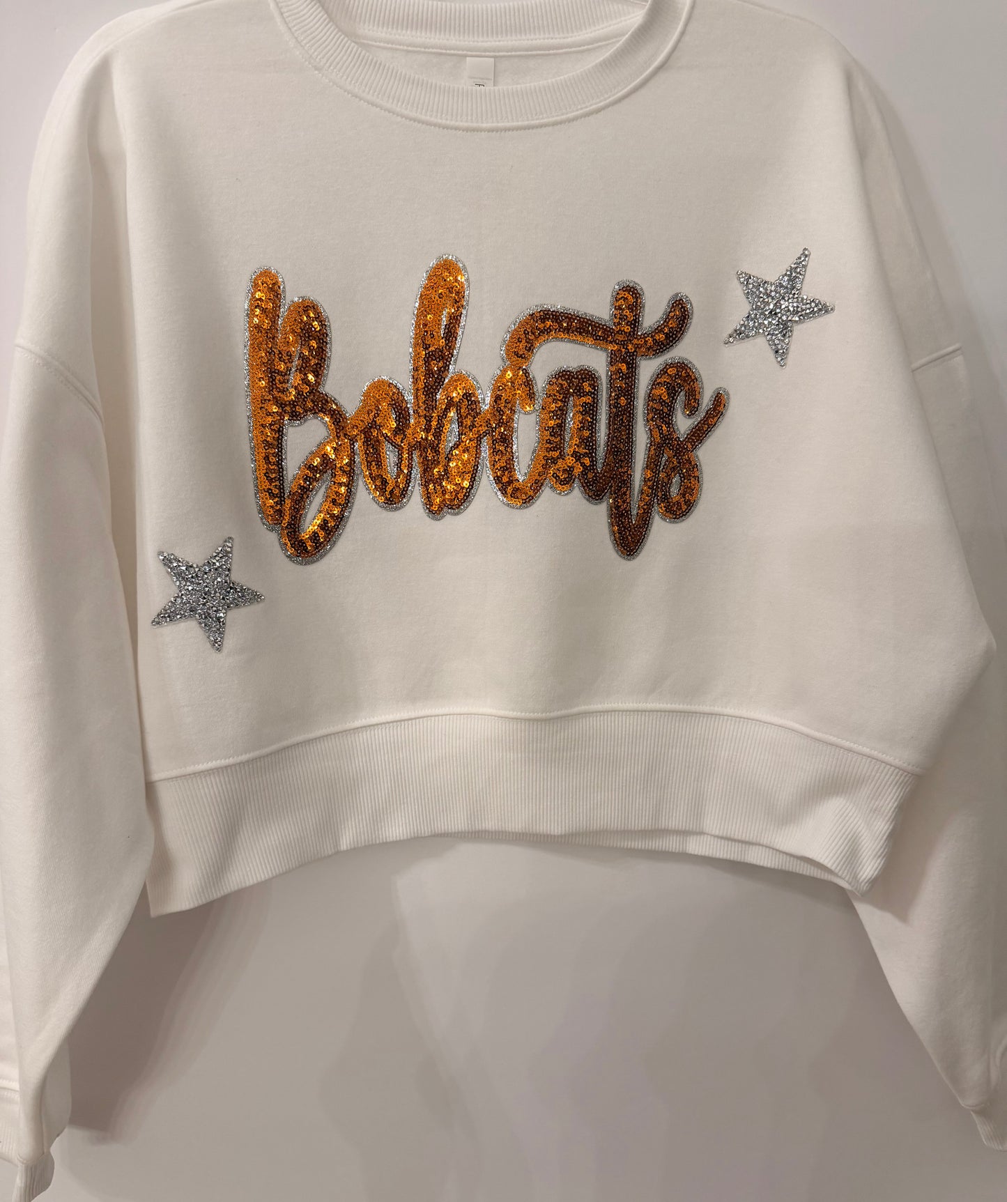 Woman's White Crop Sweatshirt w/ Large Sequin patch+2 Small Stars