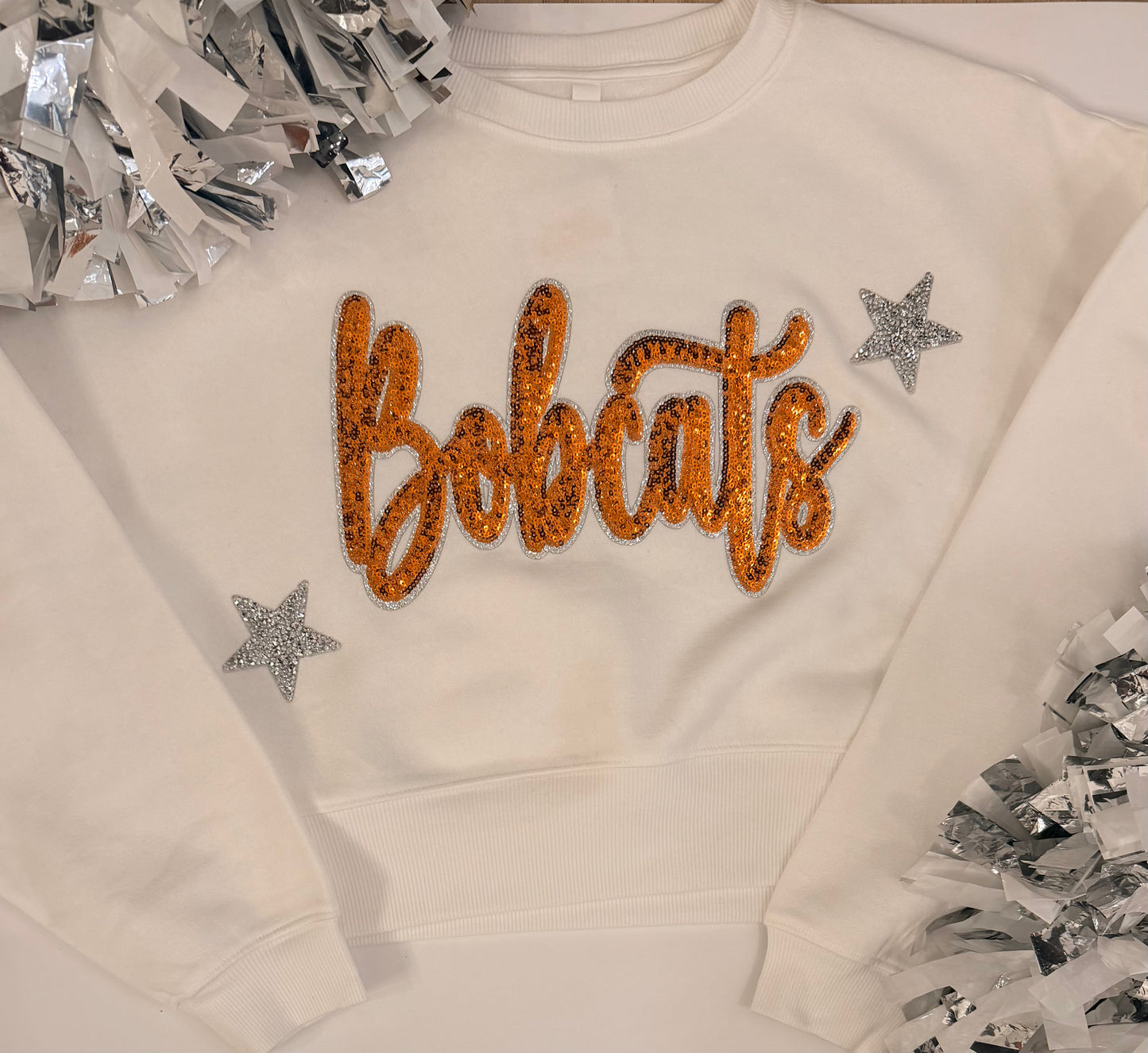Woman's White Crop Sweatshirt w/ Large Sequin patch+2 Small Stars