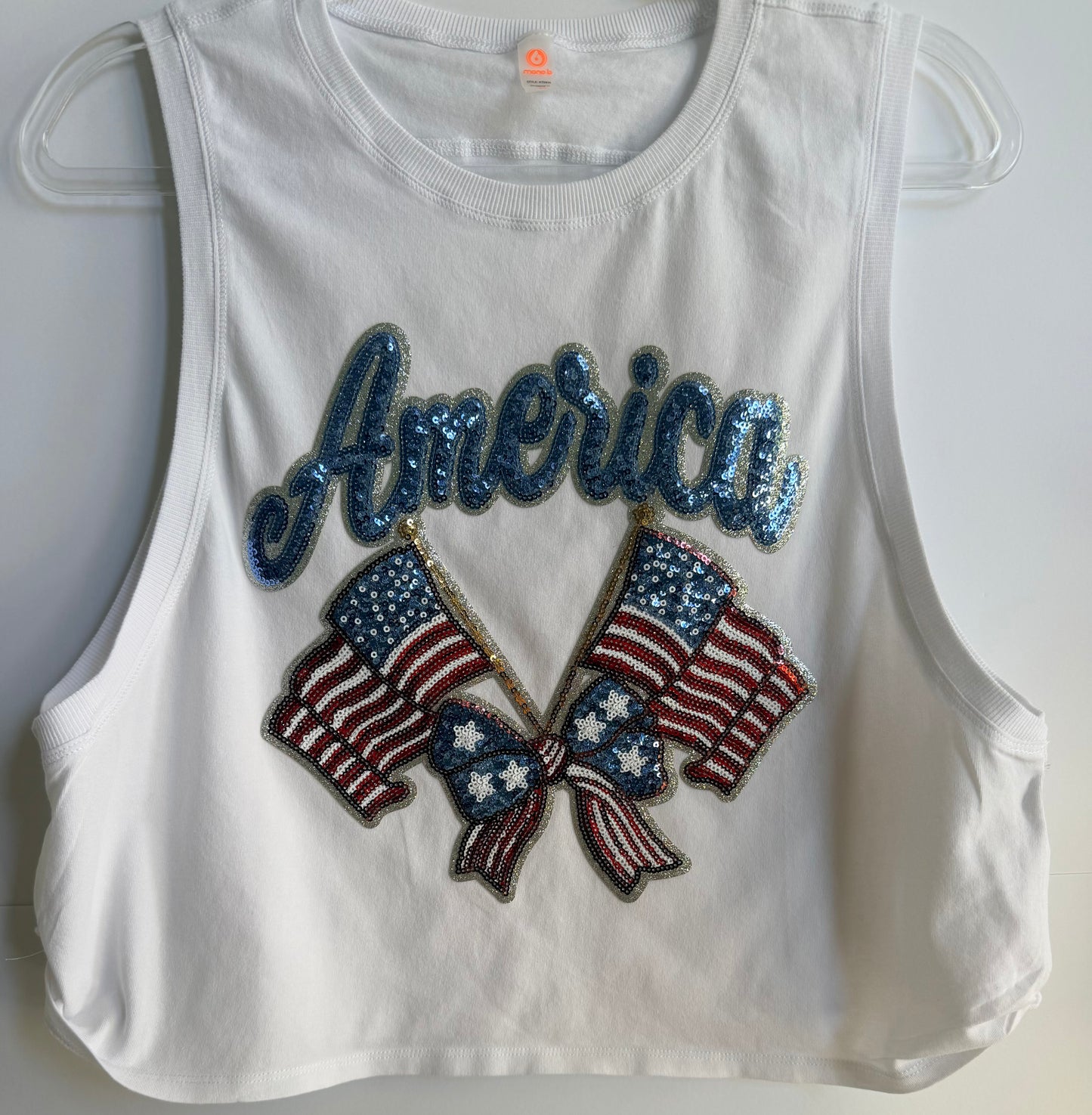Woman's White Side Knot Tank w/ Large Sequin Patch