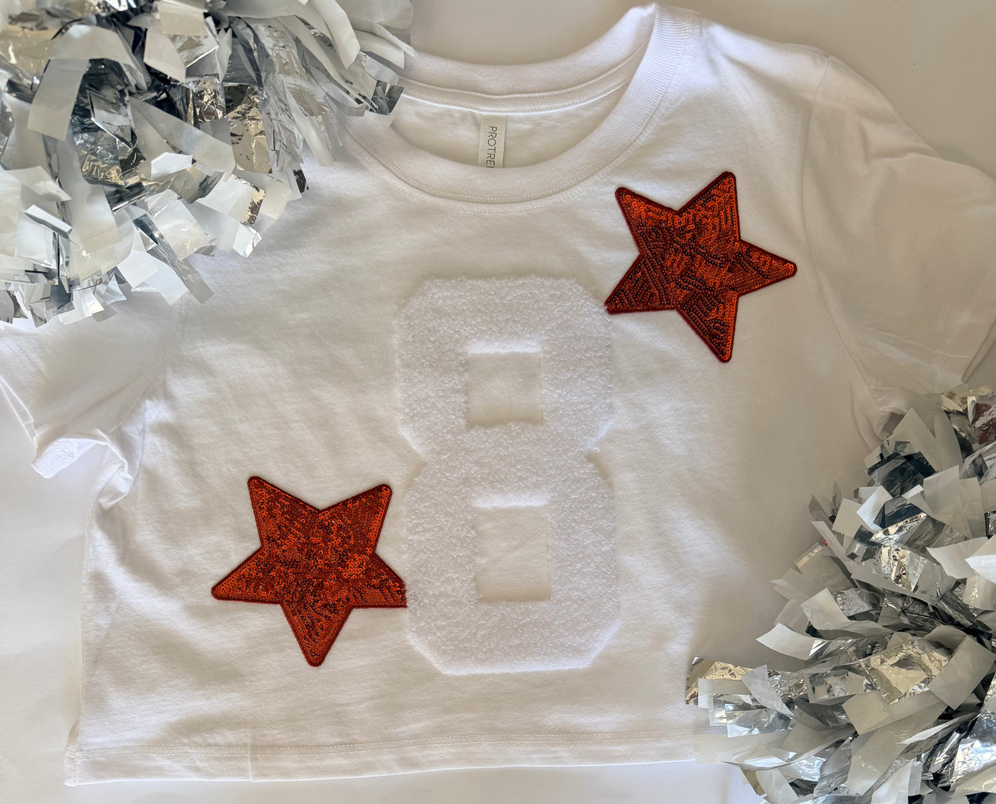 Crop Tee w/ 1 Fuzzy Numbers+2 Stars+4 Letters (Back)