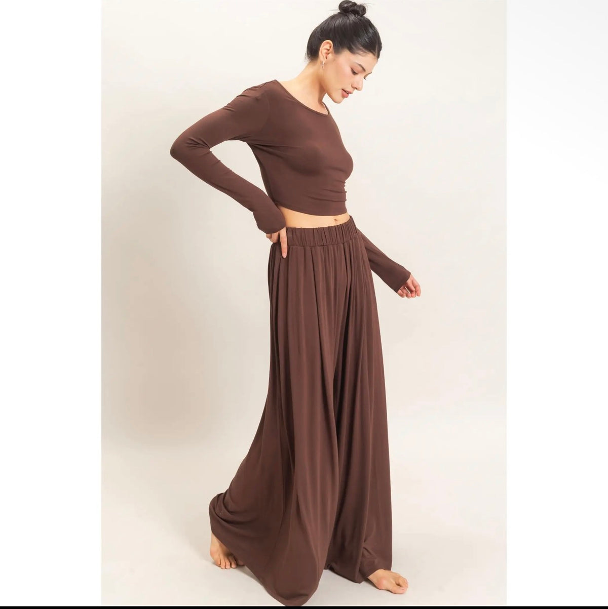Woman's Brown Long Sleeve Top & Wide Leg Pants Set