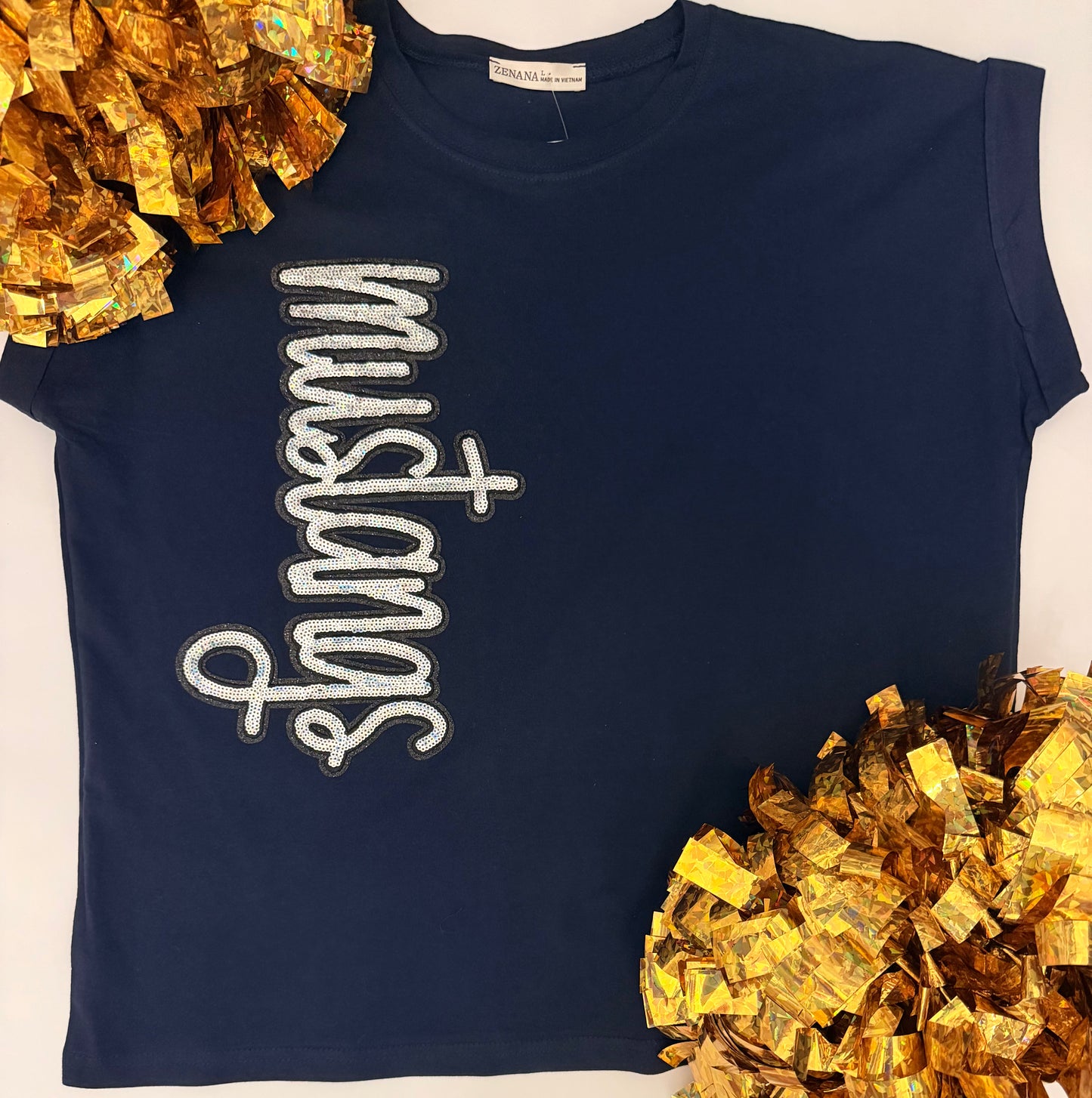 Woman's Navy Cuffed Crop Short Sleeve Top w/ Sequin Patch