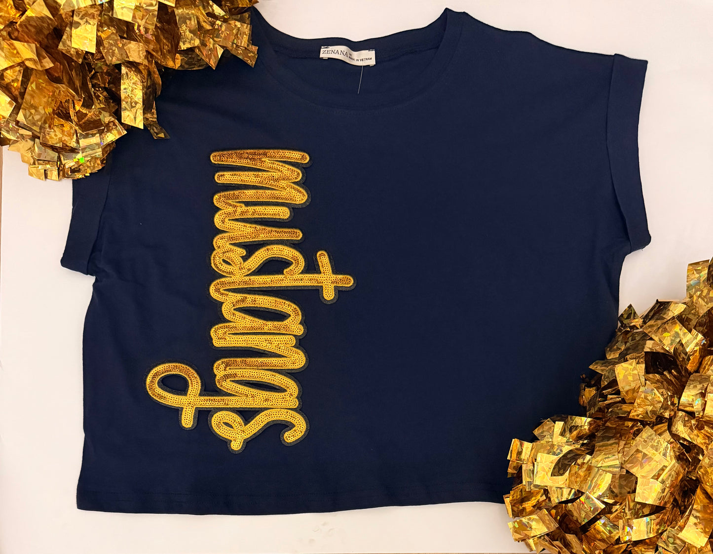Woman's Navy Cuffed Crop Short Sleeve Top w/ Sequin Patch