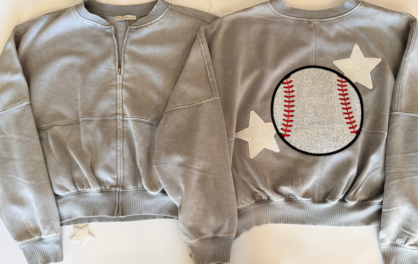 Game Day Custom Acid-Washed Fleece Jacket w/ Large Sequin Patch + 2 Stars
