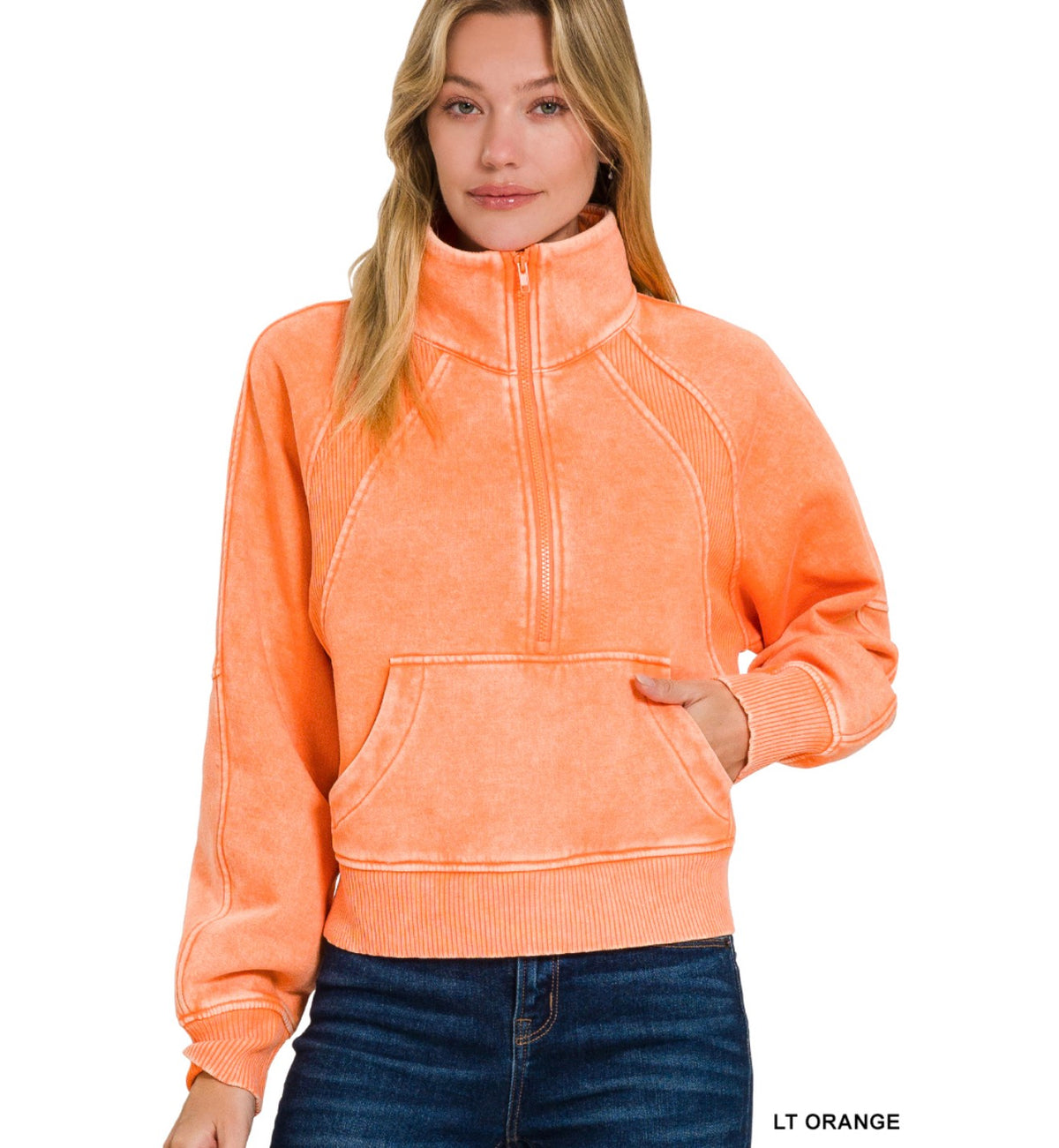 Acid-Washed Half Zip Pullover w/ Single Sequin Patch