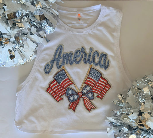 Woman's White Side Knot Tank w/ Large Sequin Patch
