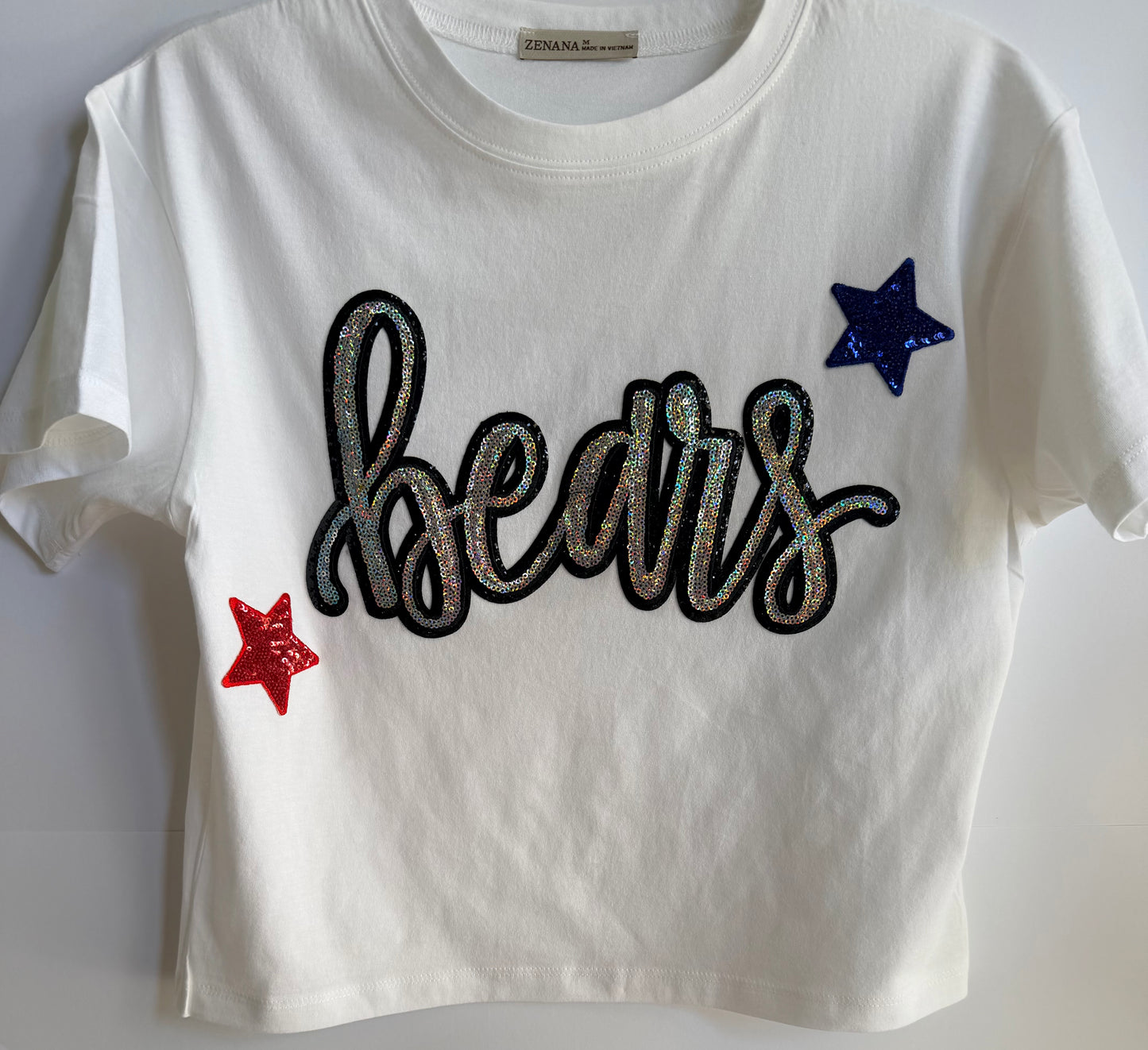 Woman's Short Sleeve Crop Tee w/ Large Sequin Patch+2 Stars
