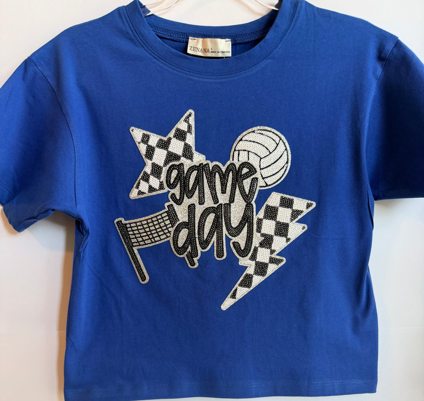 Woman's Blue Short Sleeve Crop Tee w/ Large Sequin Patch
