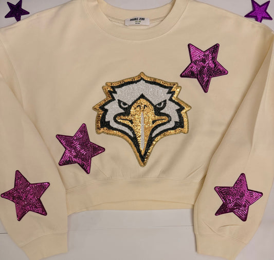 Woman's Cream Crop Pullover with Large Sequin Patch+4 Stars