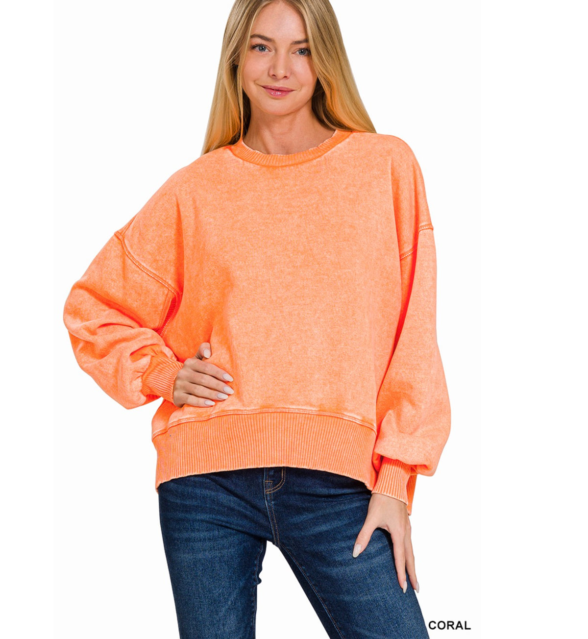 Acid Wash Fleece Oversized Pullover w/ Bobcats Patch