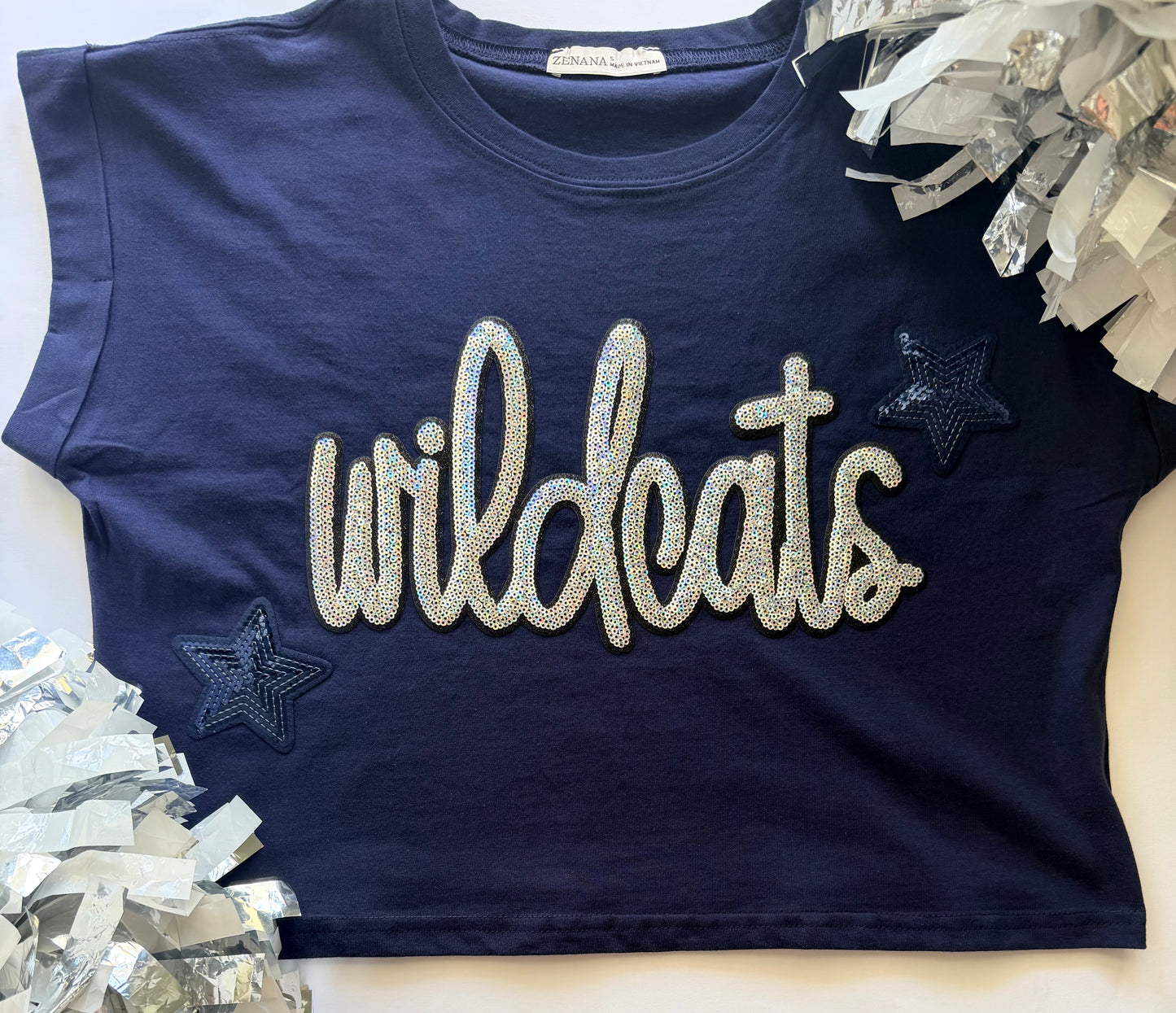 Woman's Navy Cuffed Crop Short Sleeve Top w/ Sequin Patch+2 Stars