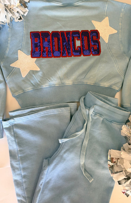 Cropped Sweatshirt and Wide Leg Sweatpant Set w/ Sequin Patches