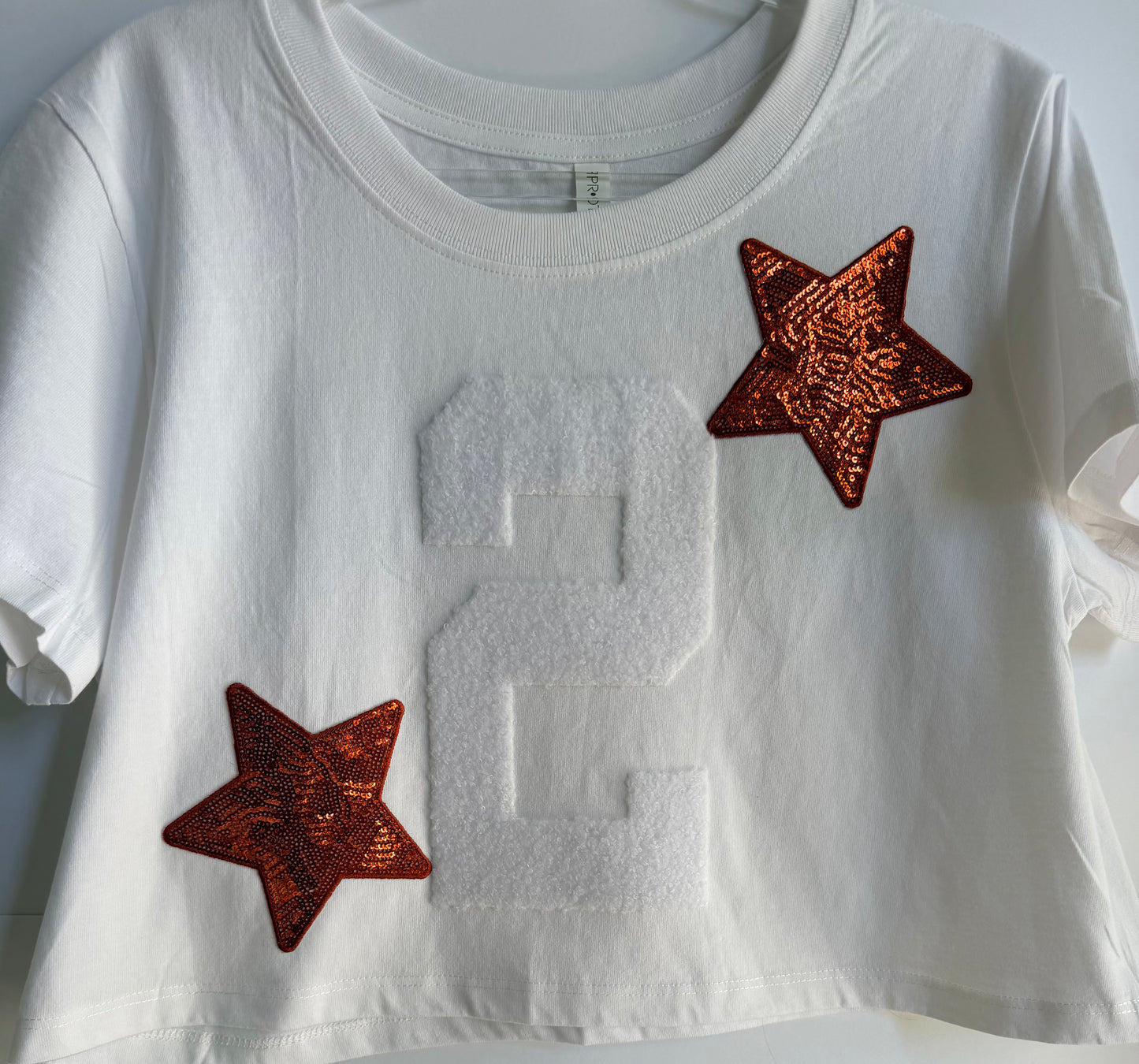 Crop Tee w/ 1 Fuzzy Numbers+2 Stars+5 Letters (Back)