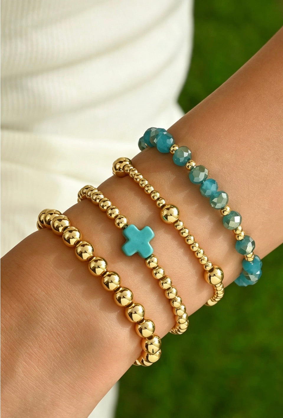 Gold Cross Beaded Stretch Bracelets-Pack of 4