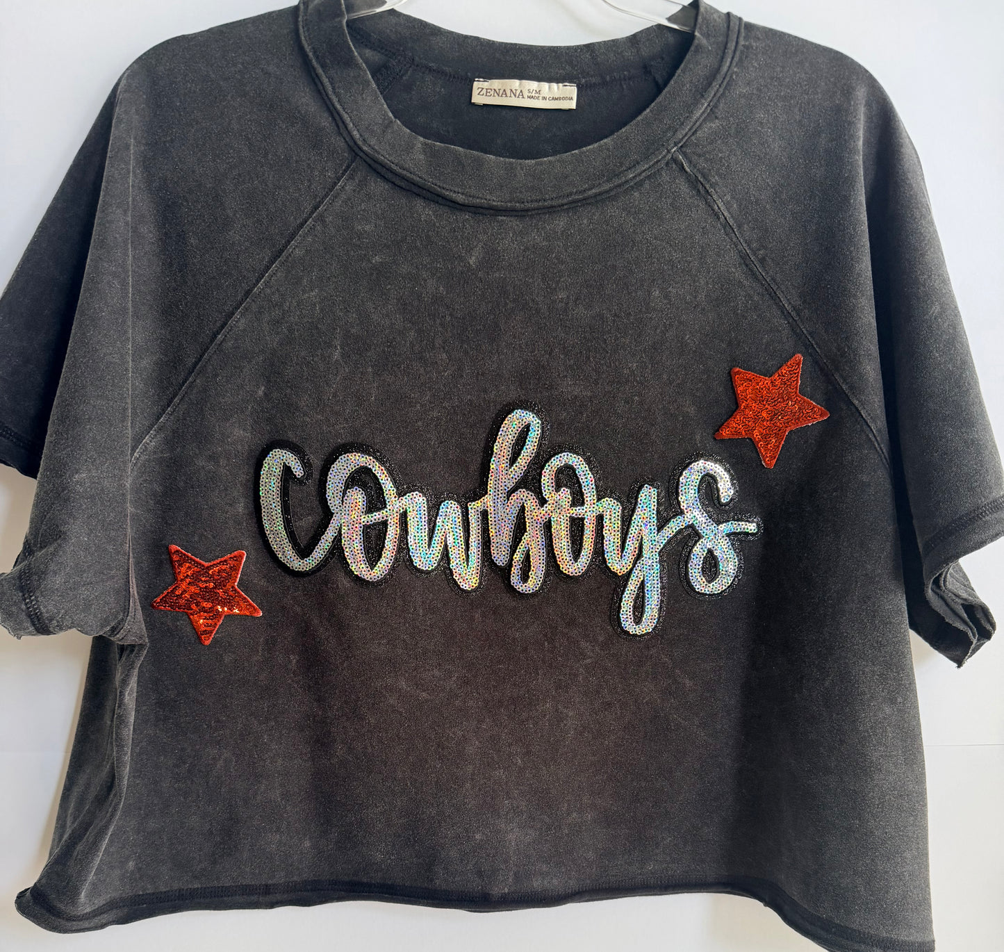 Woman's Washed Black/Grey Crop Tee w/ Large Sequin Patch+2 Small Stars