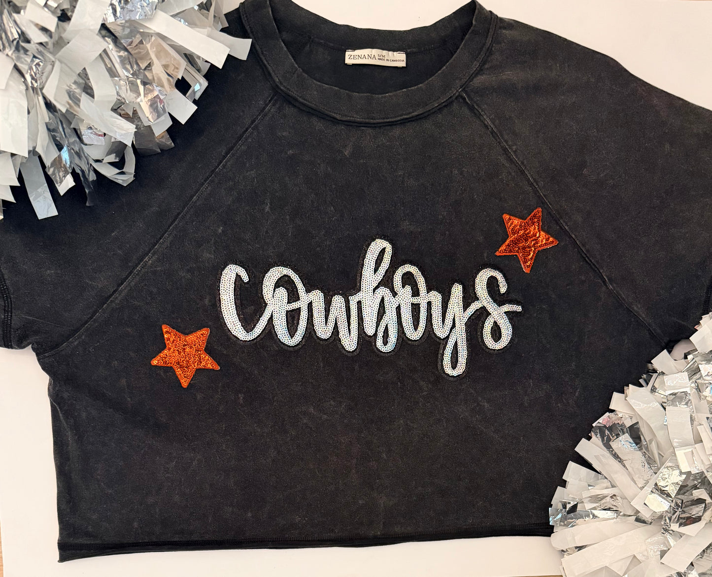 Woman's Washed Black/Grey Crop Tee w/ Large Sequin Patch+2 Small Stars