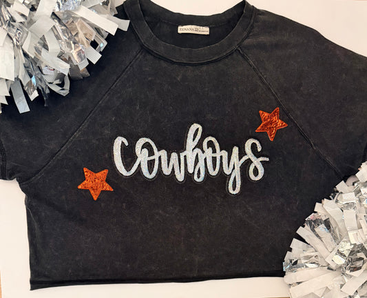 Woman's Washed Black/Grey Crop Tee w/ Large Sequin Patch+2 Small Stars